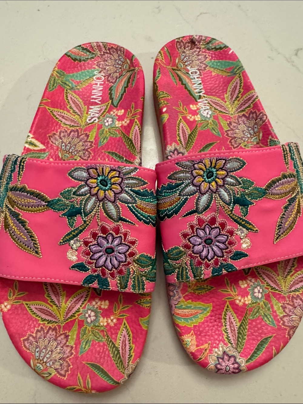 Johnny Was Pink Floral Embroidered Slide Sandals